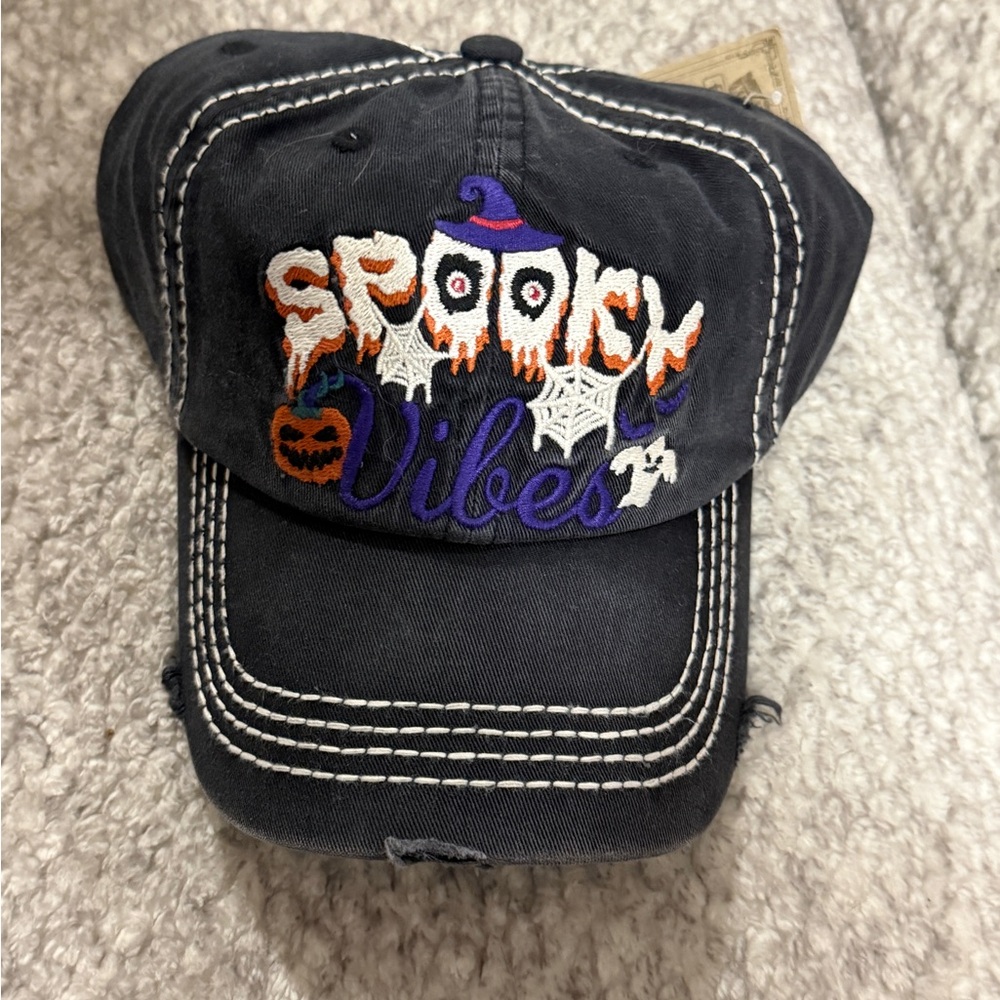 Halloween Distressed Adjustable Baseball Hat Spooky Vibes Cap Black Witchy